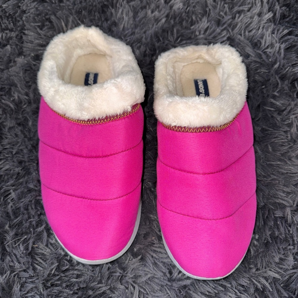 Lands End Womens Quilted Scuff Slippers 8B Pink Faux Fur Lined Indoor Outdoor